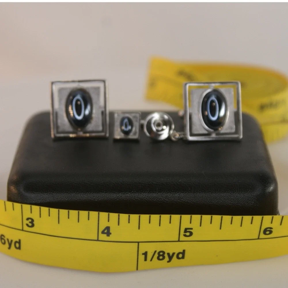 Vintage Sears Collectors Choice Mens Cufflinks & Tie Tac Silver Tone Black Stone